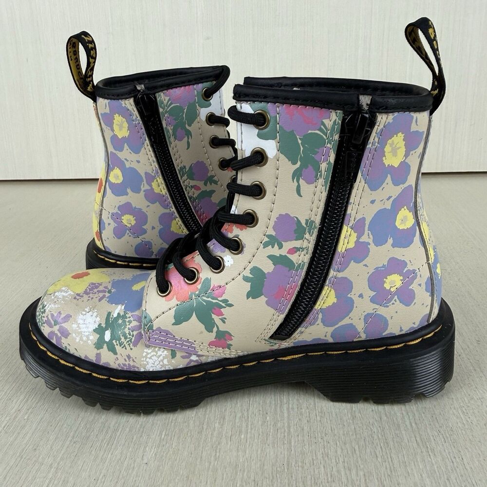Dr. Martens Boots Girls Size 13 Floral Mash Up Leather Shoes 1460 Combat - Picture 7 of 14